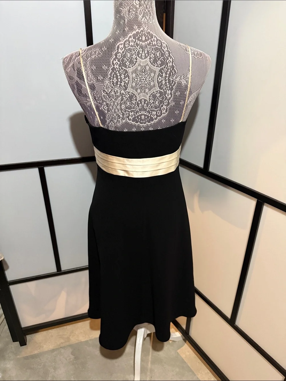Ann Taylor Black Midi Dress with Cream Satin Accents